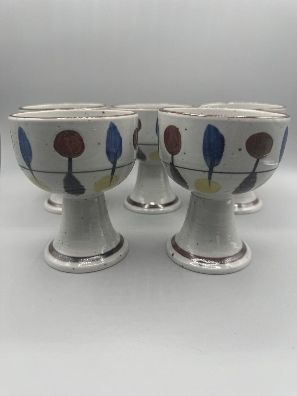 Heritage Wine Goblets Cups Set 5 Speckled Pottery 1970s Brutalist Japan Vintage